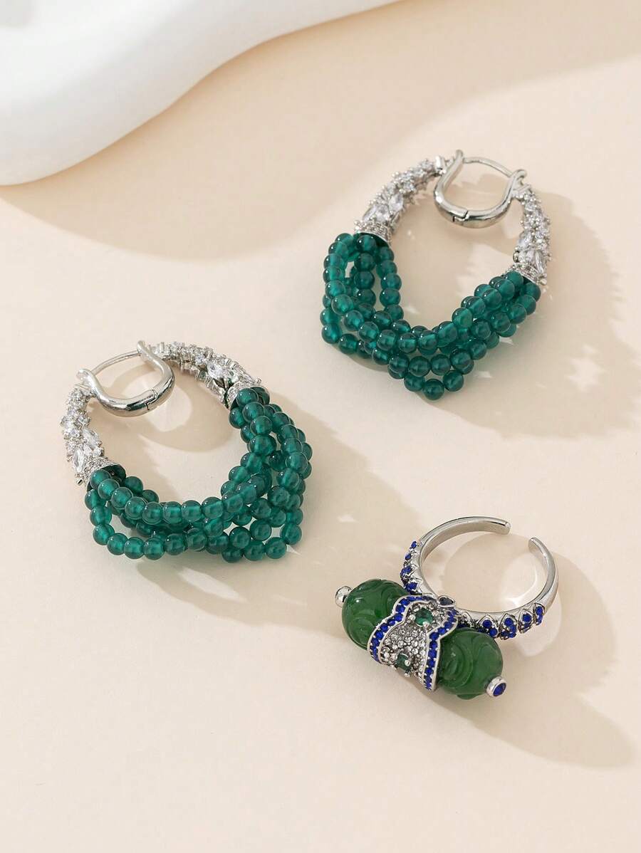 1 par de aretes de joyería de moda para mujer y 1 pieza de anillo de joyería de moda, material de cobre chapado en metal precioso, con piedra de ágata verde multicapa trenzada, patrón retro, adecuado para uso diario, fiestas, vacaciones, regalos, elegante y grácil