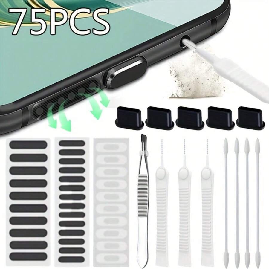 Zestaw 75 sztuk Zestaw do czyszczenia portu ładowania telefonu komórkowego i zaślepki przeciwpyłowe portu ładowania typu C kompatybilne z iPhone'em, iPadem, iOS, USB C, głośnikiem typu C z siatką przeciwpyłową Zestaw do czyszczenia