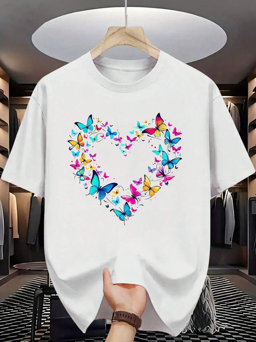 Fashionable And Creative Butterfly Heart-Shaped Printed Top, Comfortable Short Sleeved Round Neck T-Shirt, Versatile Clothing For Daily Outdoor Or Casual Wear