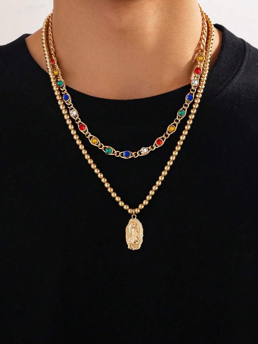 2 pièces Collier de luxe vintage orné de strass et de perles, bijoux charmants pour les hommes pour une tenue de soirée décontractée
