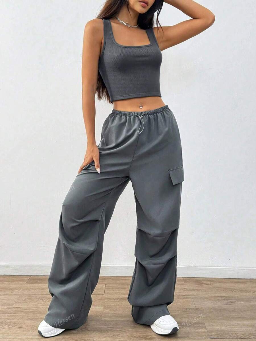 Set de 2 piezas Mujer Top deportivo y pantalón cargo de unicolor informal con diseño de bolsillos