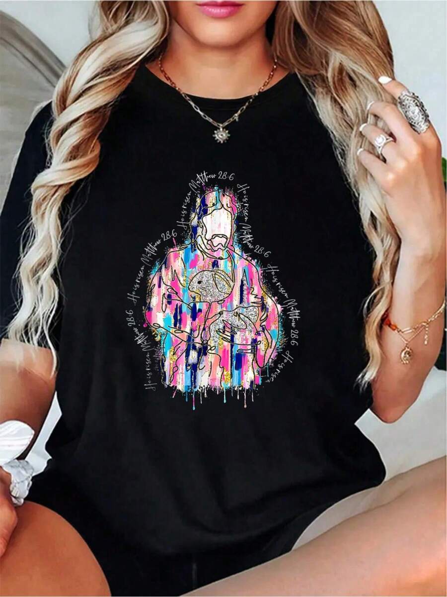 He Is Risen Jesus Christian Happy Easter Women Kids Girls T-Shirt Print Round Neck Short Sleeve T-Shirt For Women Casual, Summer, Women Top Graphic Tees Women Tops