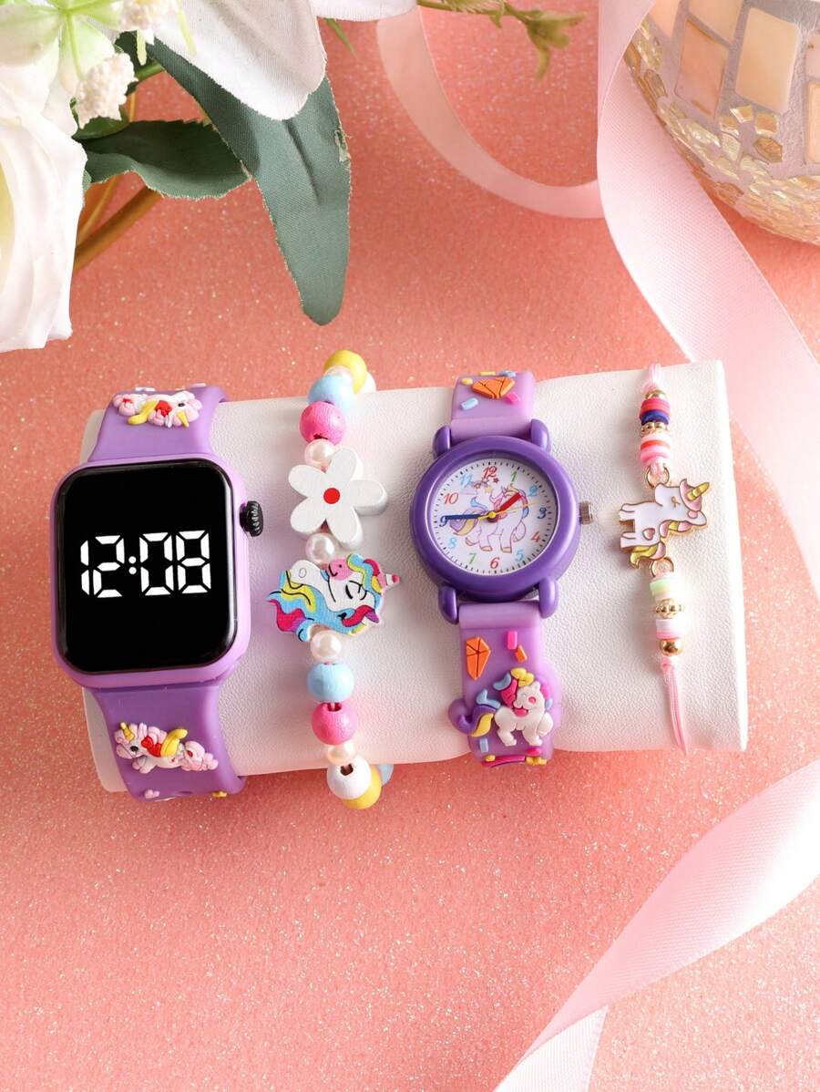 2 pièces Montre bracelet LED numérique à décor de licorne pour filles et 2 pièces Bracelets de licorne avec perles, convient pour un port quotidien et comme cadeau