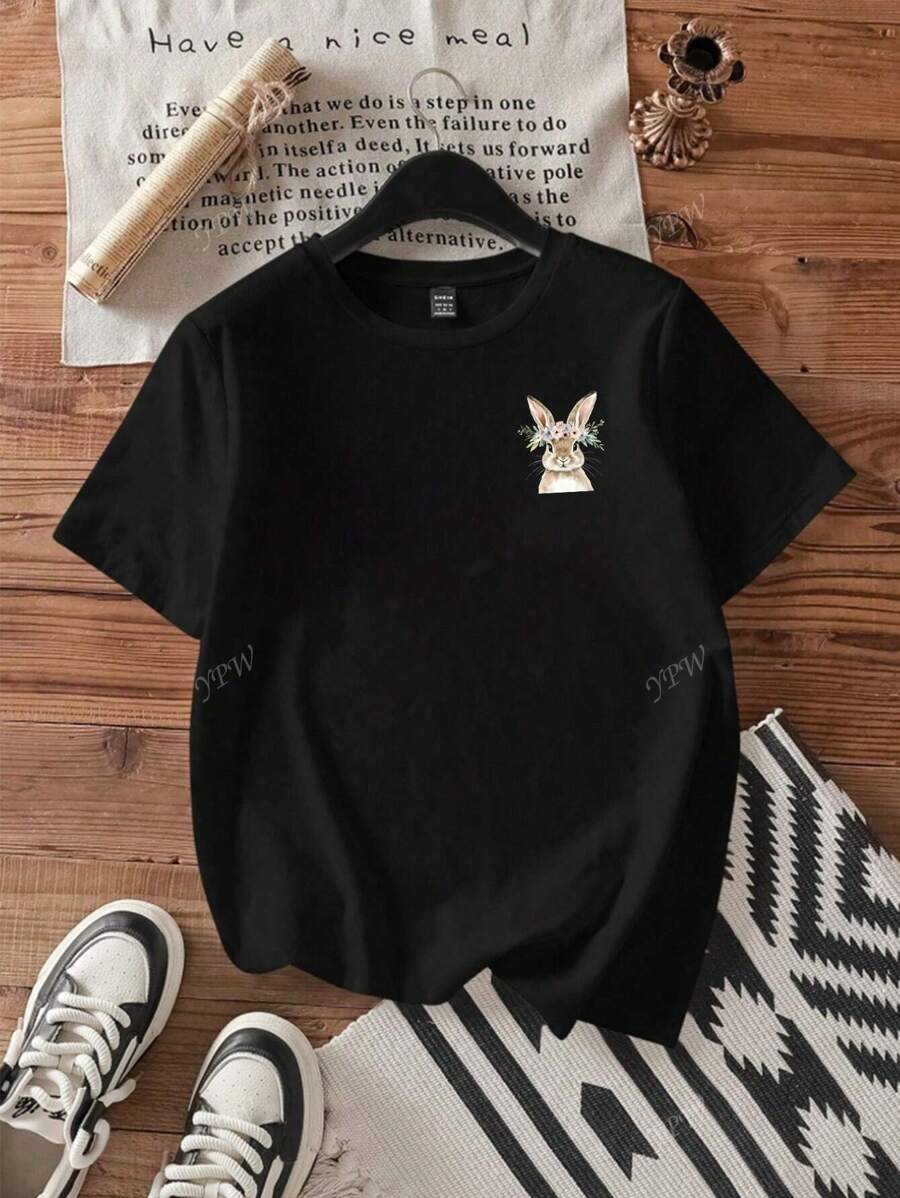 Easter Rabbit Print Elastic Short Sleeve T-Shirt