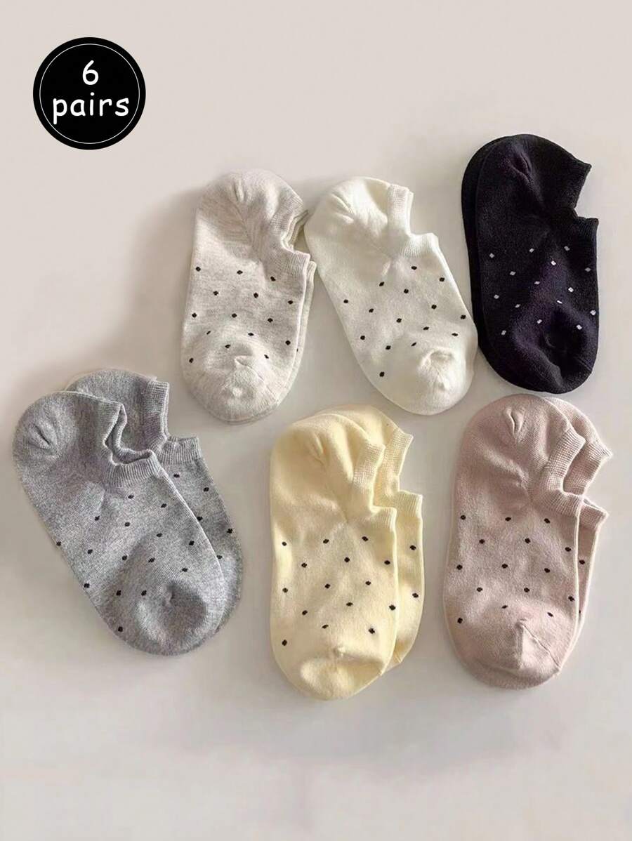 6 Pairs Women Casual Cute Polka Dot Short Socks, Breathable Boat Socks, Chic Minimalist Style, Spring/Summer