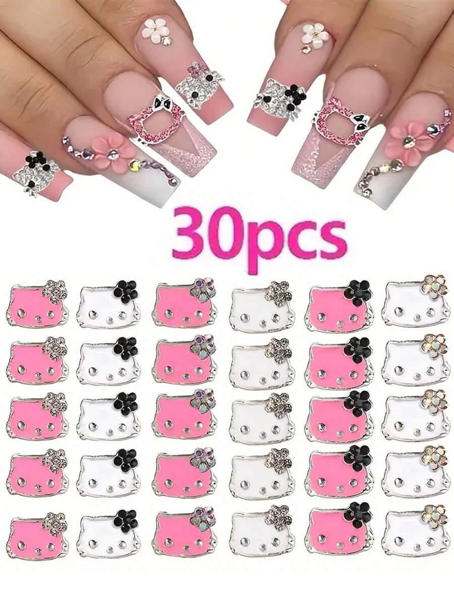 Sanrio 30pcs 3D Alloy Kitty Cat Kawaii Nail Designer Charm,30PCS Cute Kitty Cat Cartoon Nail Art Crystal Rhinestone DIY Metal Nail Stone,Nail Charm Gifts For Women Girls