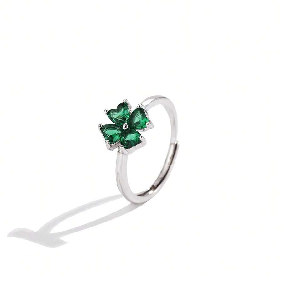 Anillo ajustable de trébol de cuatro hojas del Día de San Patricio para mujer, en plata de ley 925, anillo de moda con circonita talla cuadrada, plata de baja alergenicidad, peso de 1.7g