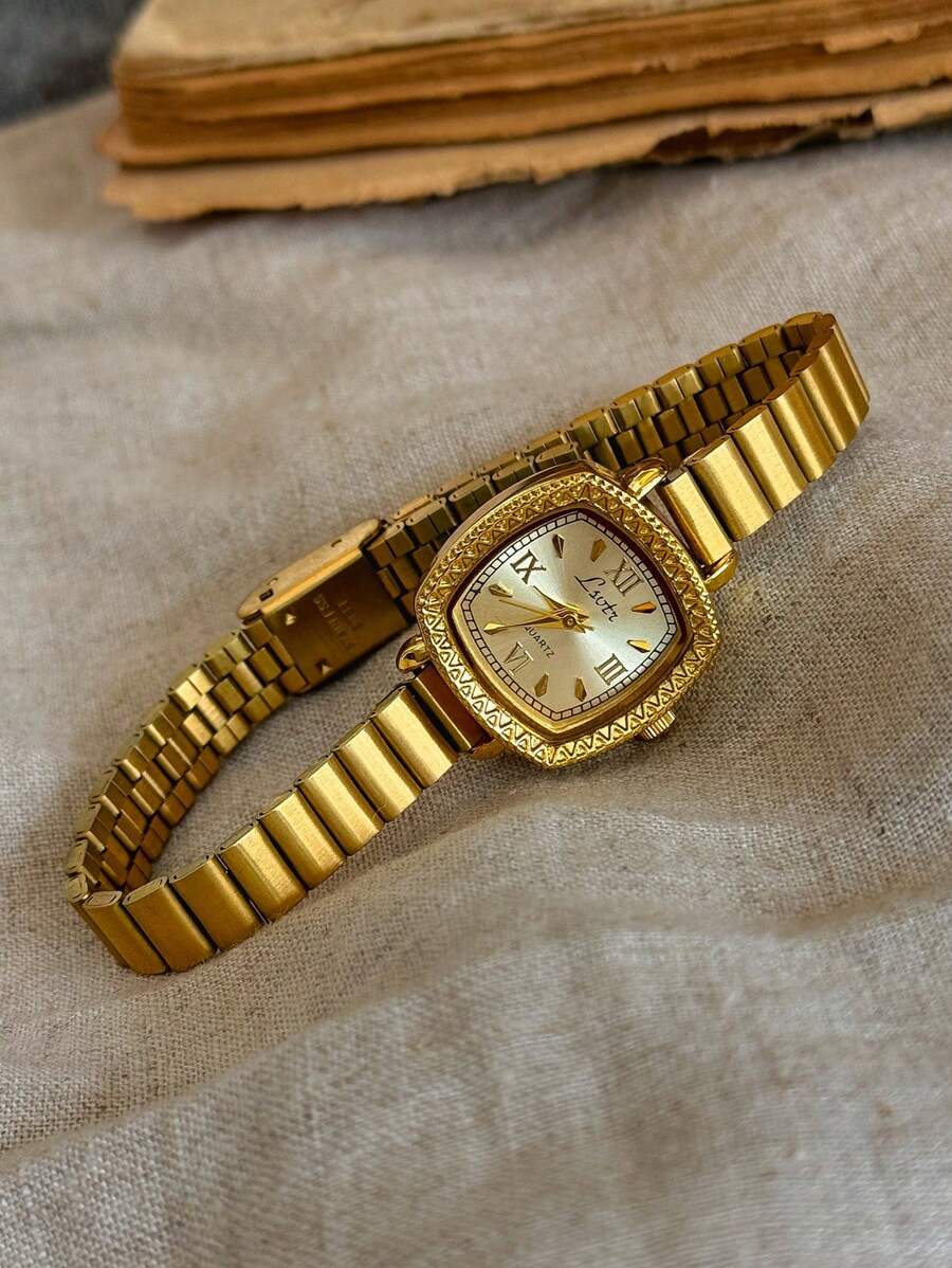 1 pieza Nuevo reloj de mujer de cuarzo de estilo vintage dorado, elegante y gracioso, con pulsera de acero inoxidable, esfera rectangular grabada con números arábigos, diseño único y artístico, adecuado para uso diario y como regalo de cumpleaños