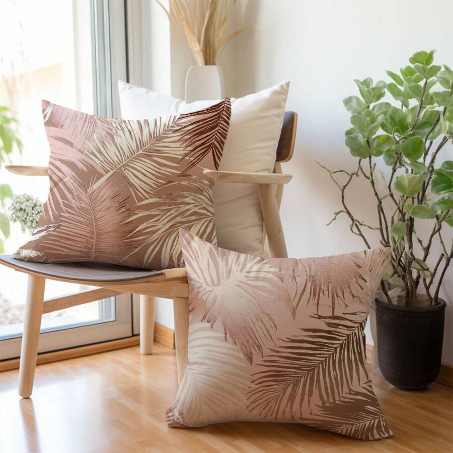 2 pièces de simples housses de coussin décoratif à feuille de palmier rose, en tissu polaire doux à un seul côté, 45*45CM, convient pour la décoration intérieure, les fêtes, les cadeaux
