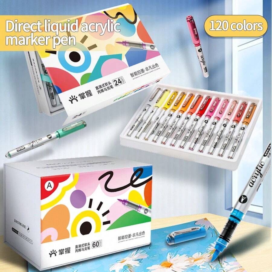 120/80/60/48/36/24/12 Pcs/Set Acrylic Marker Pens, Soft Tip Liquid Marker Pens For Students, Non-Transparent Overlapping Watercolor Pens, High-Quality Art Supplies For DIY, Marking, Lettering, Coloring