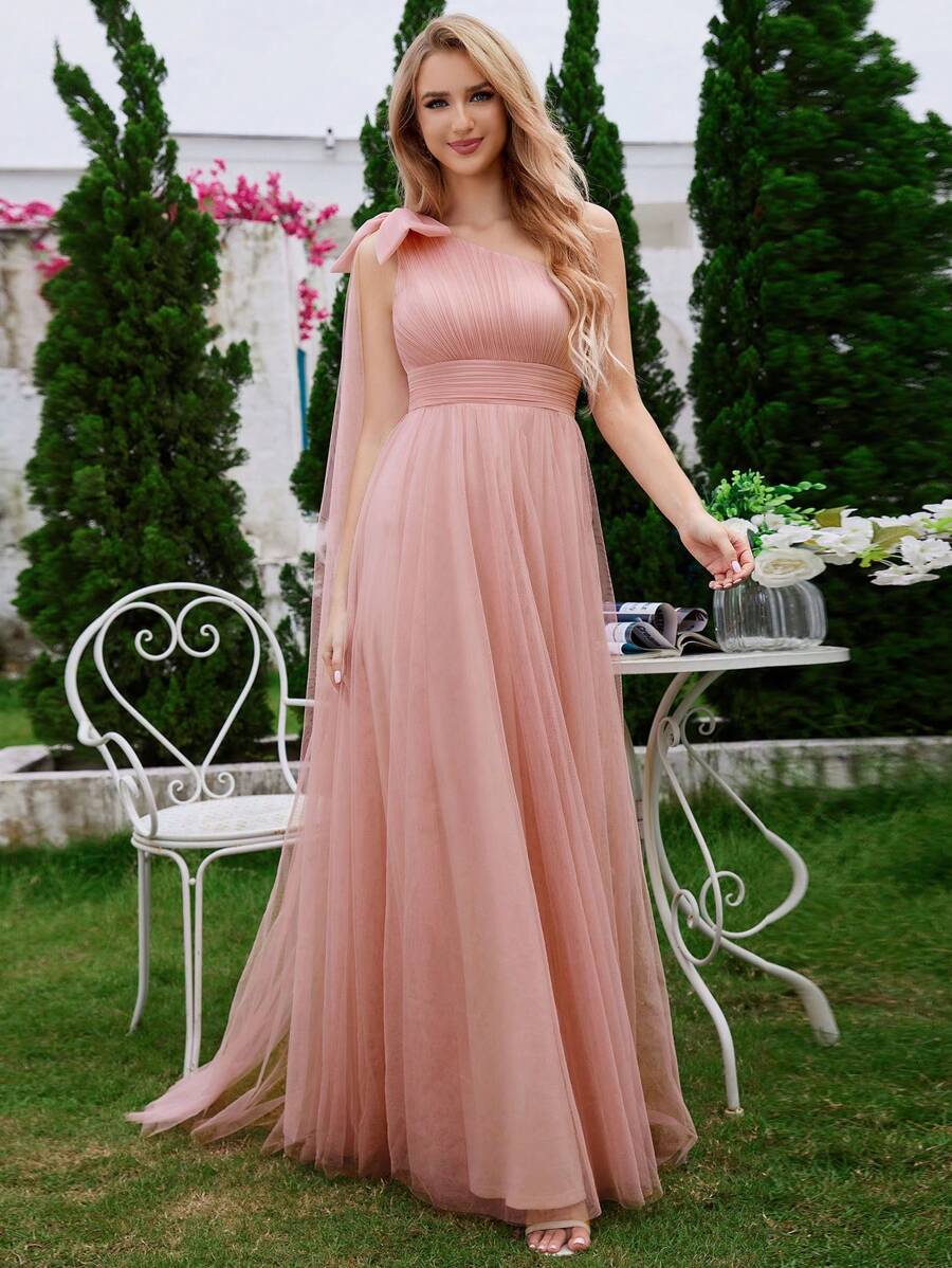 EVER-PRETTY Abito da damigella d'onore a-line in tulle con fiocco e nastro su una spalla, romantico