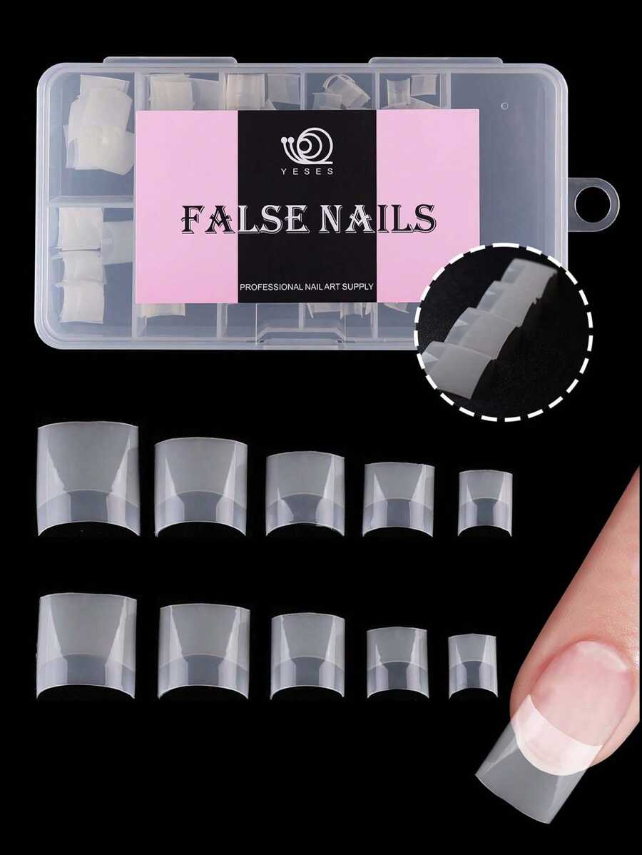 100 pièces/boîte Faux ongles courts carrés, couvre-ongles transparents à demi-couverture, style français. Pointes artificielles fausses pour extension d'ongles acryliques, manucure, pose à clipser