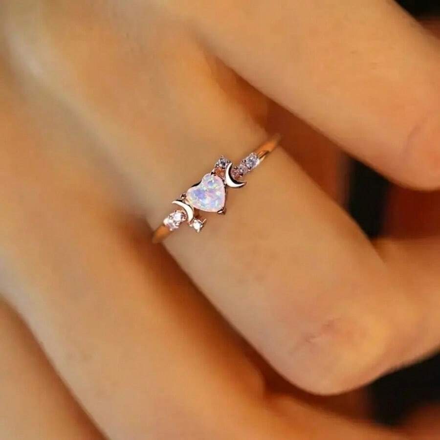 14K Gold-Plated Elegant Heart-Shaped Opal Ring With Synthetic Cubic Zirconia Engagement And Wedding Ring, Luxurious Copper, Perfect For Weddings And Parties, Valentine'S Day Gift Jewelry,Mom,Mother,Mother's Day,Gift