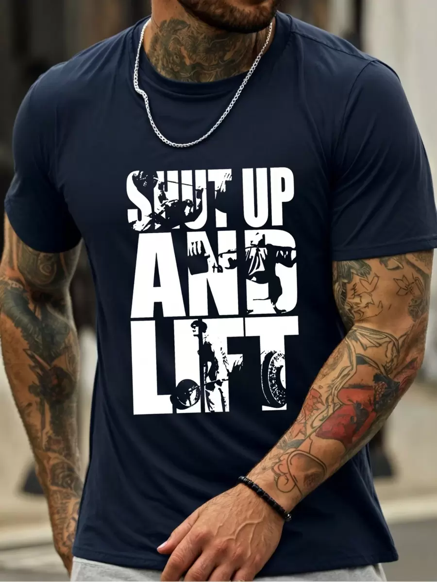 Lente/zomer heren outdoor sport T-shirt met "Lift Up And Train" afbeelding, geschikt voor uitgaan, vrienden, buitenreizen, dagelijkse vrije tijd, sport- en sportschooltrainingen, ademend mode casual korte mouw T-shirt