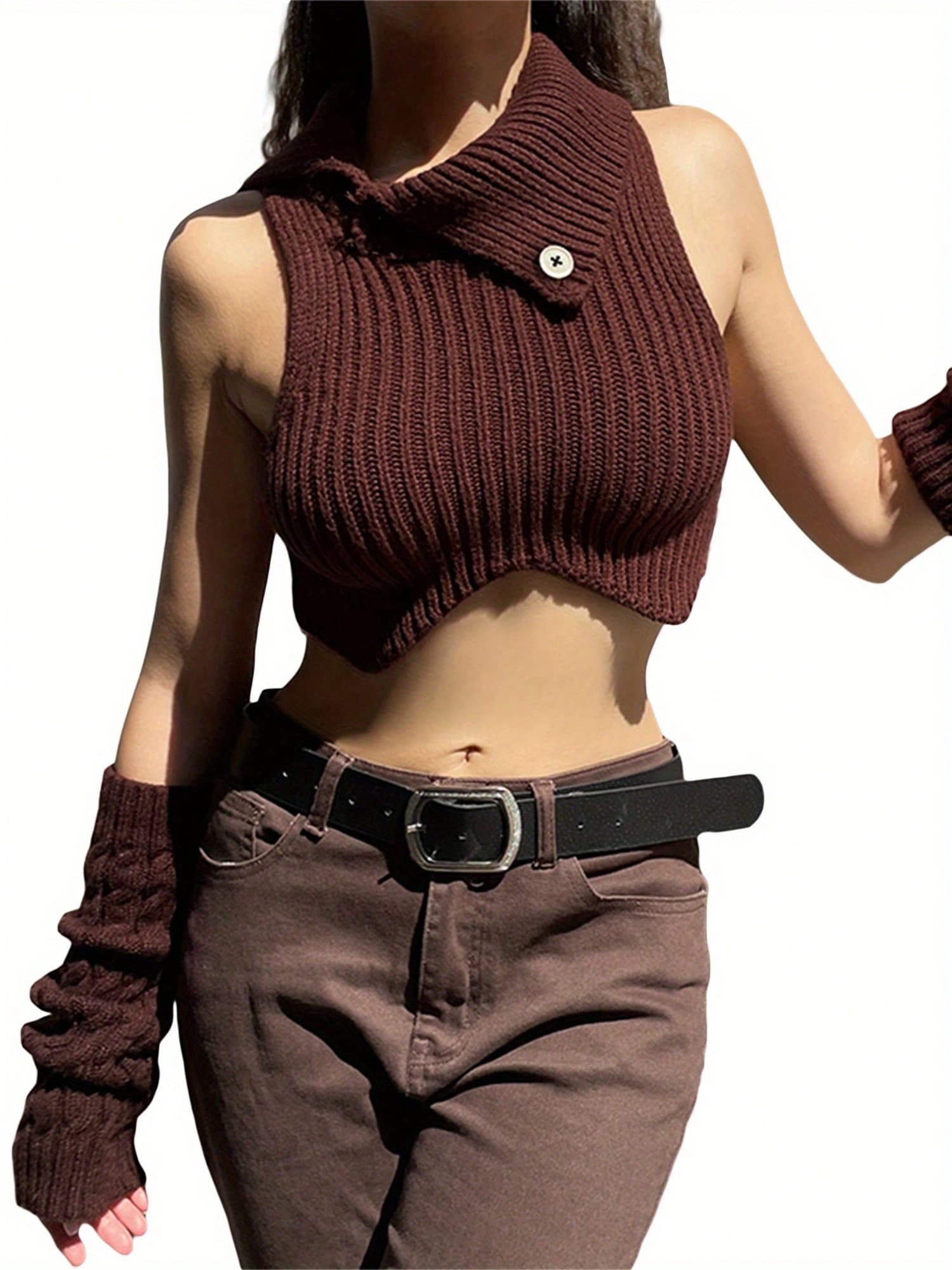 Women's Summer Knitted Tank Tops Brown Sleeveless High Neck Irregular Ribbed Crop Tops