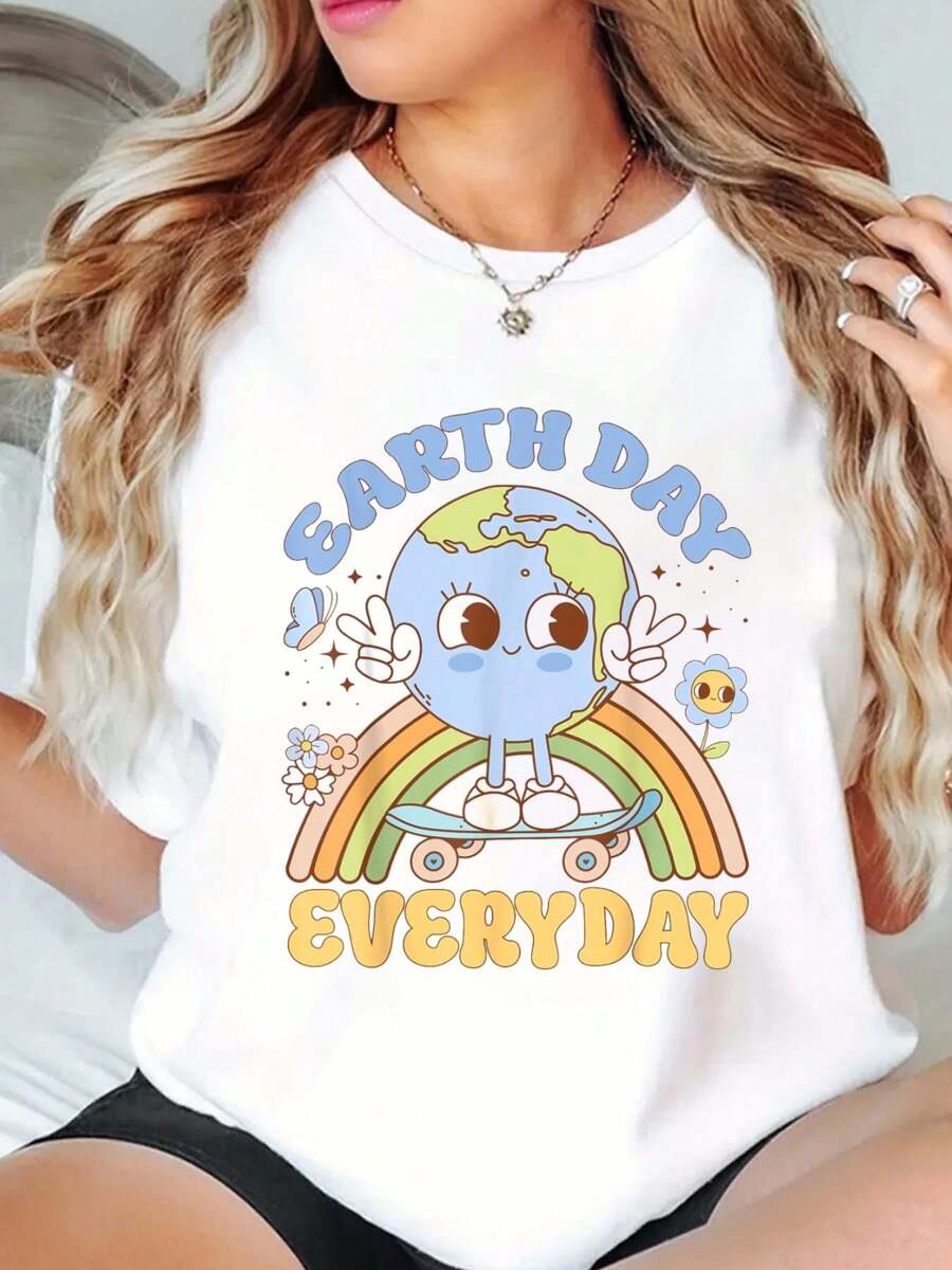 Earth Day For Women Teacher Men & Kids T-Shirt Print Crew Neck T-Shirt For Summer, Women's Soft Short Sleeve Top, Stylish Comfy Tee For Women Graphic Tees