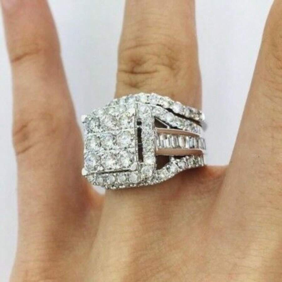 2 piezas Anillos elegantes apilables con diseño de halo elegante, pavimentados con plata chapada en brillante circonia para compromiso/anillo de boda, regalo del Día de San Valentín
