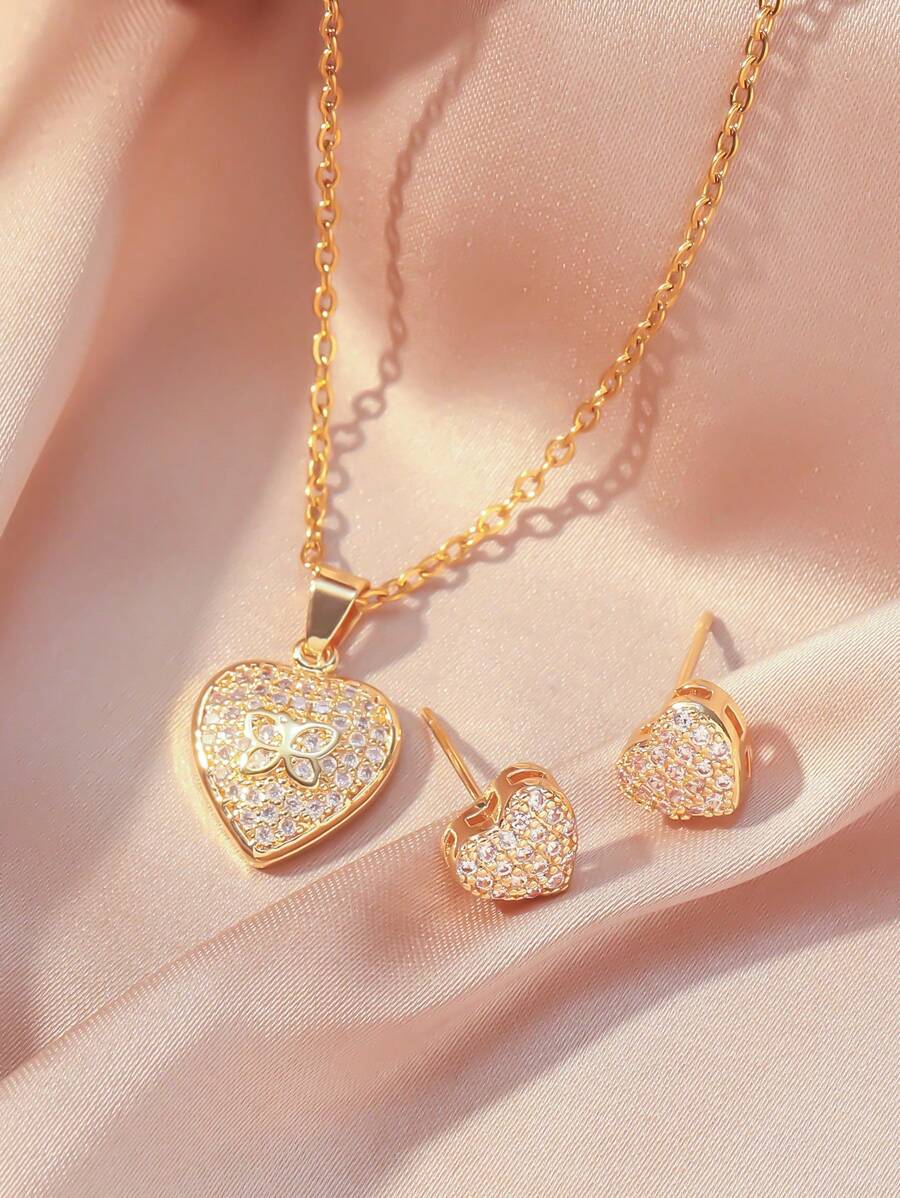 3pcs/Set (With Gift Box) Fashionable Luxurious Zirconia Inlaid Butterfly & Heart Copper Pendant Earrings, Stainless Steel 18K Gold Plated Necklace, Lovely Jewelry Set Suitable For Party & Daily Wear, Birthday Gift For Girlfriend/Mom