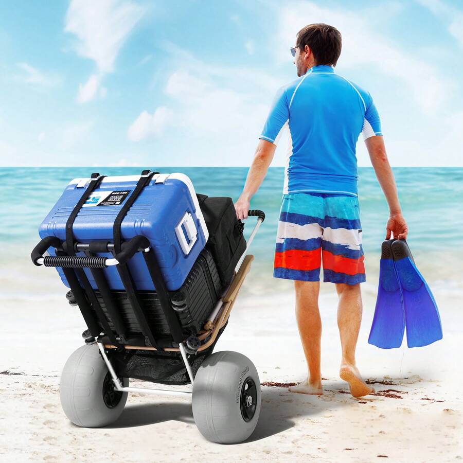 SKYSHALO Beach Cart With Big Wheels, 29.9" X 15.4", 15.4" X 15.7", 29.9" X 15.4" Or 20.1" X 14.6" Cargo Deck With 12" Balloon Wheels Or Foam Wheels With 10" PE Solid Wheels Or 9" Balloon Wheels, 69 Lbs Or 165 Lbs Load Capacity Folding Sand Cart And 27" To 44.7" Adjustable Height, Heavy Duty Beach Cart