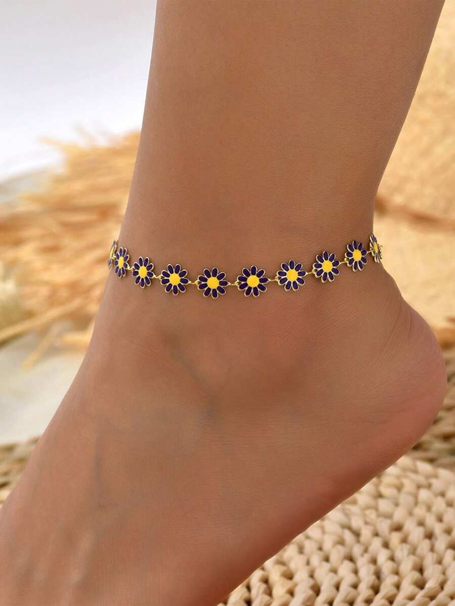 1pc European & American Style Daisy Flower With Pearl Bead Handmade Anklet For Women