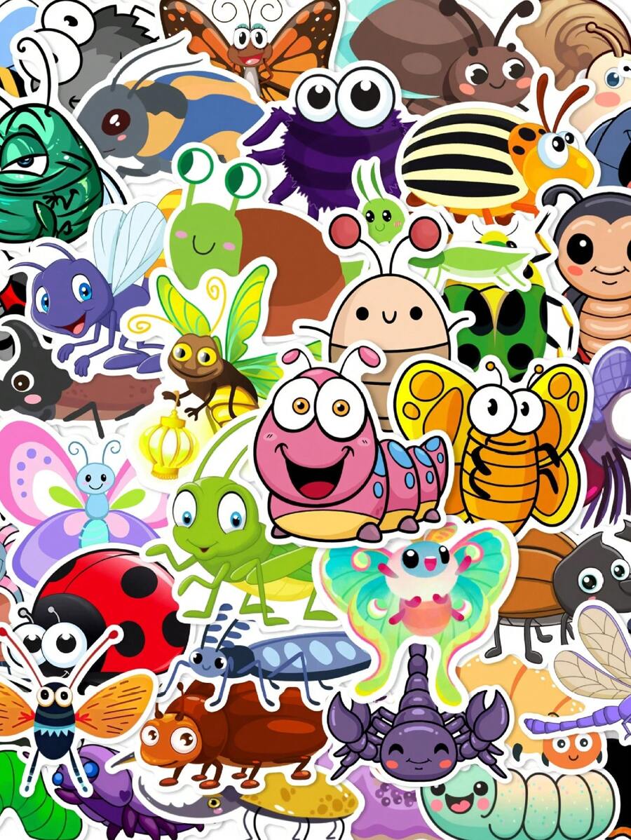 50pcs Cute Cartoon Insect Themed Stickers, Suitable For Decorating Laptop, Notebook, Motorcycle Helmet, Car, Gift Box, Envelope, Guitar, Luggage, DIY Handcraft, Planner, Back To School