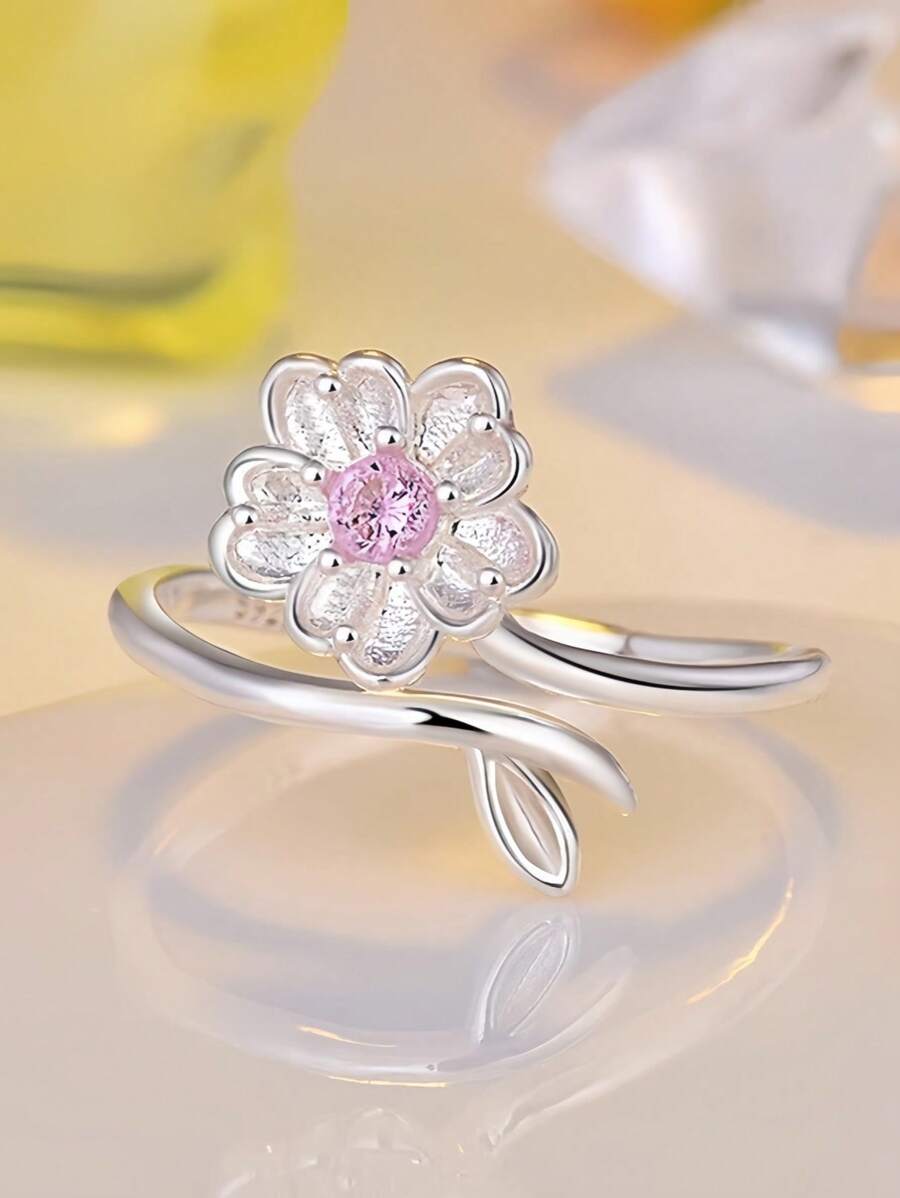 1pc S925 Sterling Silver Sakura Flower Ring For Women, Dainty Minimalist Floral Design, Suitable For Students, Daily Wear, Wedding, Party, Can Also Be A Great Gift For Loved Ones