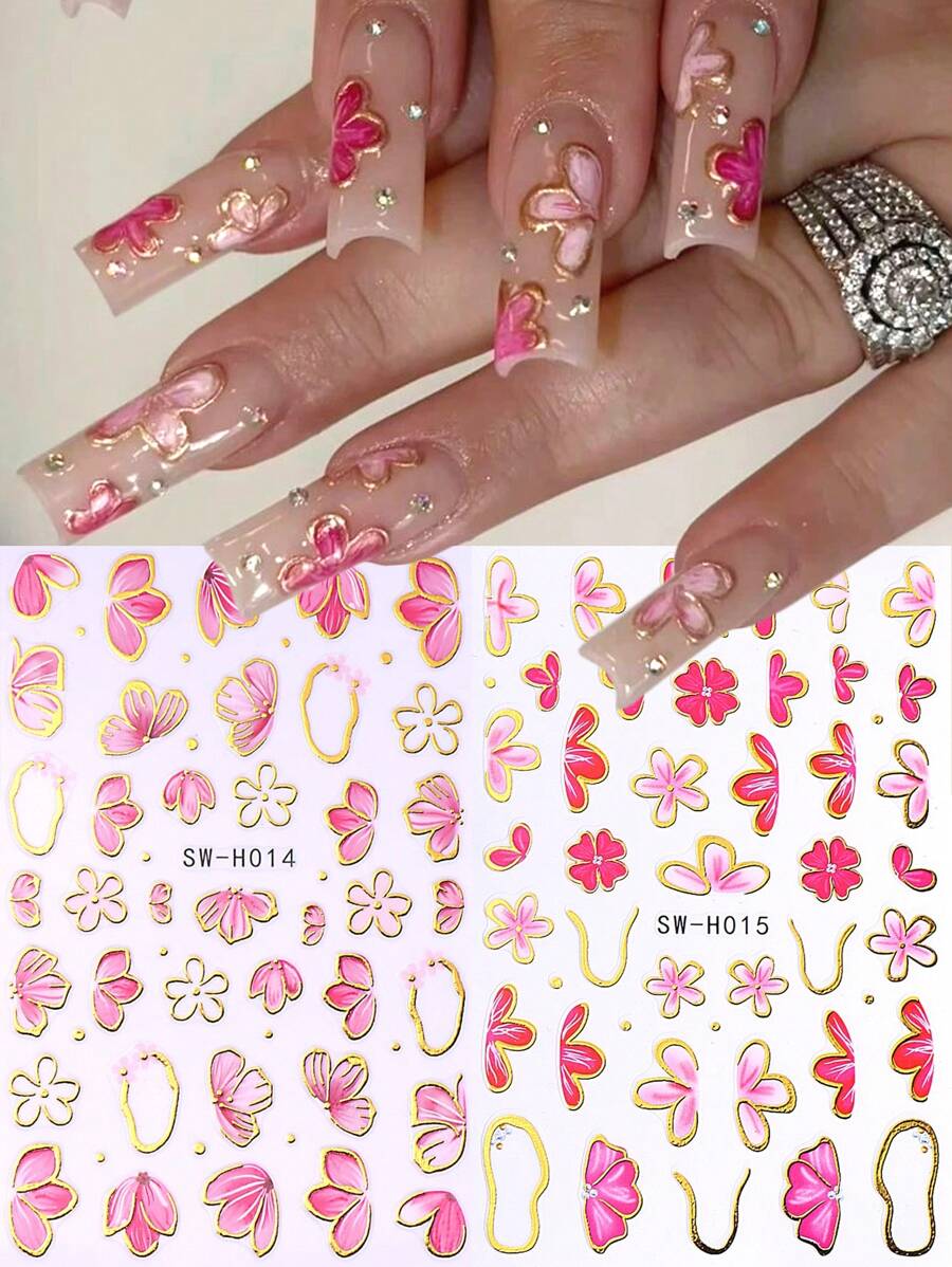 2 piezas Calcomanías de uñas 3D con flor de hibisco rosa dorada, pétalos de flor de corazón rojo degradado, trébol de cuatro hojas, lazo asimétrico y líneas metálicas a rayas estilo Y2K holográfico para decoración de uñas, suministros de arte de uñas