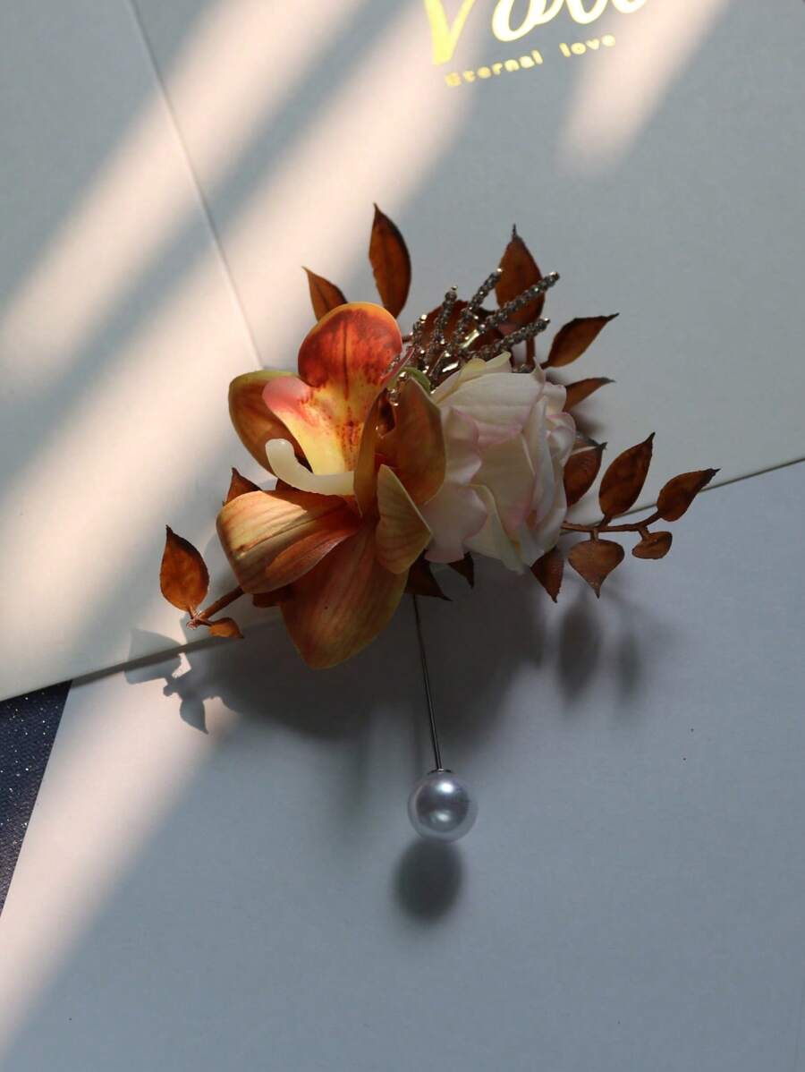 1pc Champagne Colored Groom Wedding Boutonniere, European Style Flower Brooch Decor For Wedding, Banquet, Business Meeting