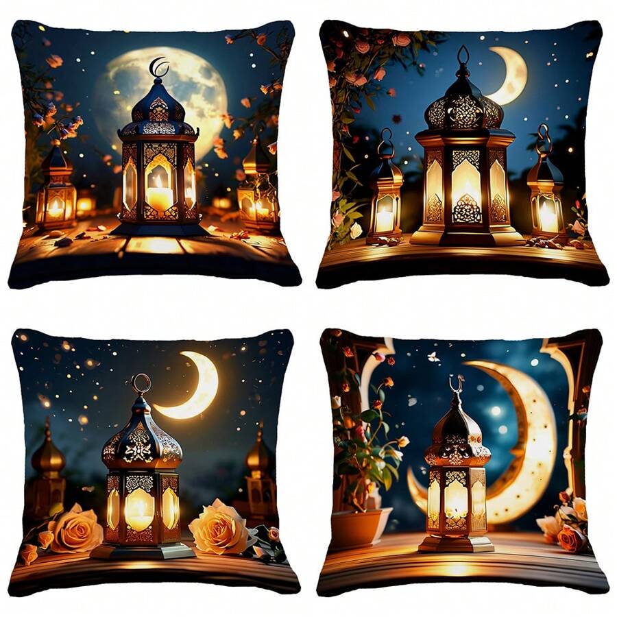 Lot de 4 housses de coussin carrées de 45 x 45 cm pour le Ramadan, en tissu moelleux avec décoration de lune et de lanterne du Ramadan, cadeau du Ramadan, amovible et lavable, convient pour le salon, le bureau, la décoration de canapé