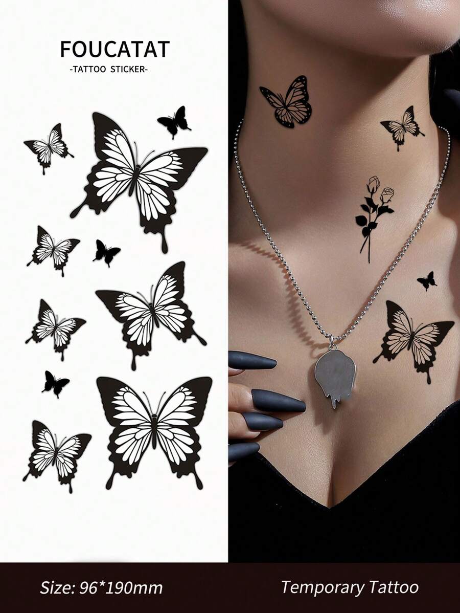 1 vel zwarte vlinder tijdelijke tatoeage stickers voor mannen en vrouwen, slang bloem nep tatoeage voor hand arm & lichaam decoratie wegwerp waterdichte tatoeage