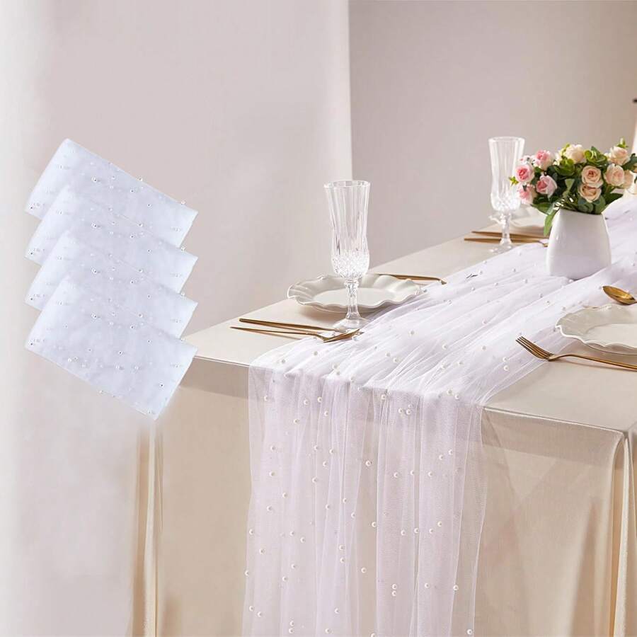 4 Pieces Pearl Table Runner Tulle Fabric Lace Tablecloth For Bridal Shower Birthday Party Wedding Arch Veil Thanksgiving Halloween Christmas Dessert Table Decorations