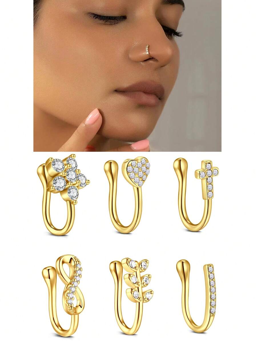 AVYRING 6pcs Silvery Zirconia Star Moon No Piercing Clip On Nose Ring Nose Cuff Fake Piercing Septum Nariz Body Jewelry