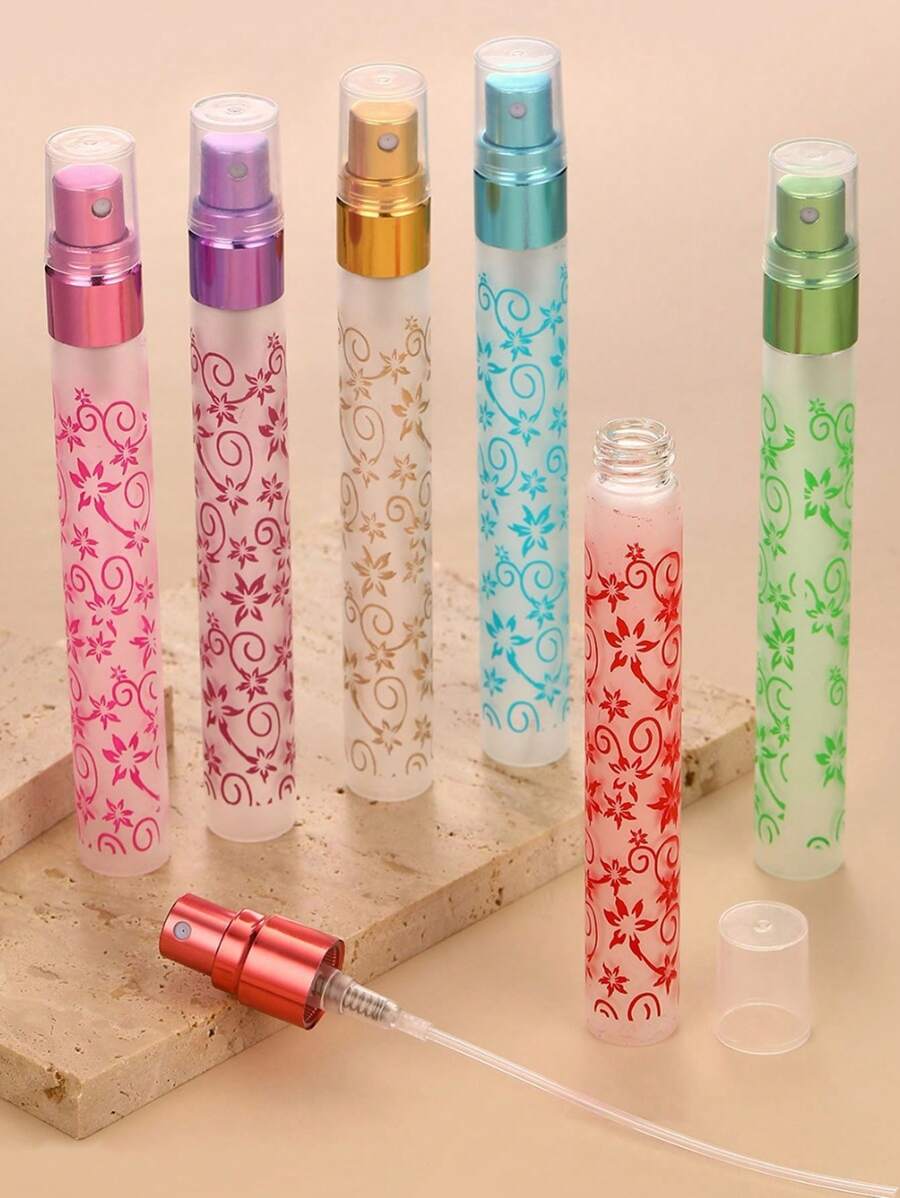 6pcs/Set 0.34oz Frosted Print Glass Perfume Bottle With Round Aluminum Cap, Refillable Atomizer Container, No PVC No Fragrance Home Bathroom Decor Fall Decor Back To School