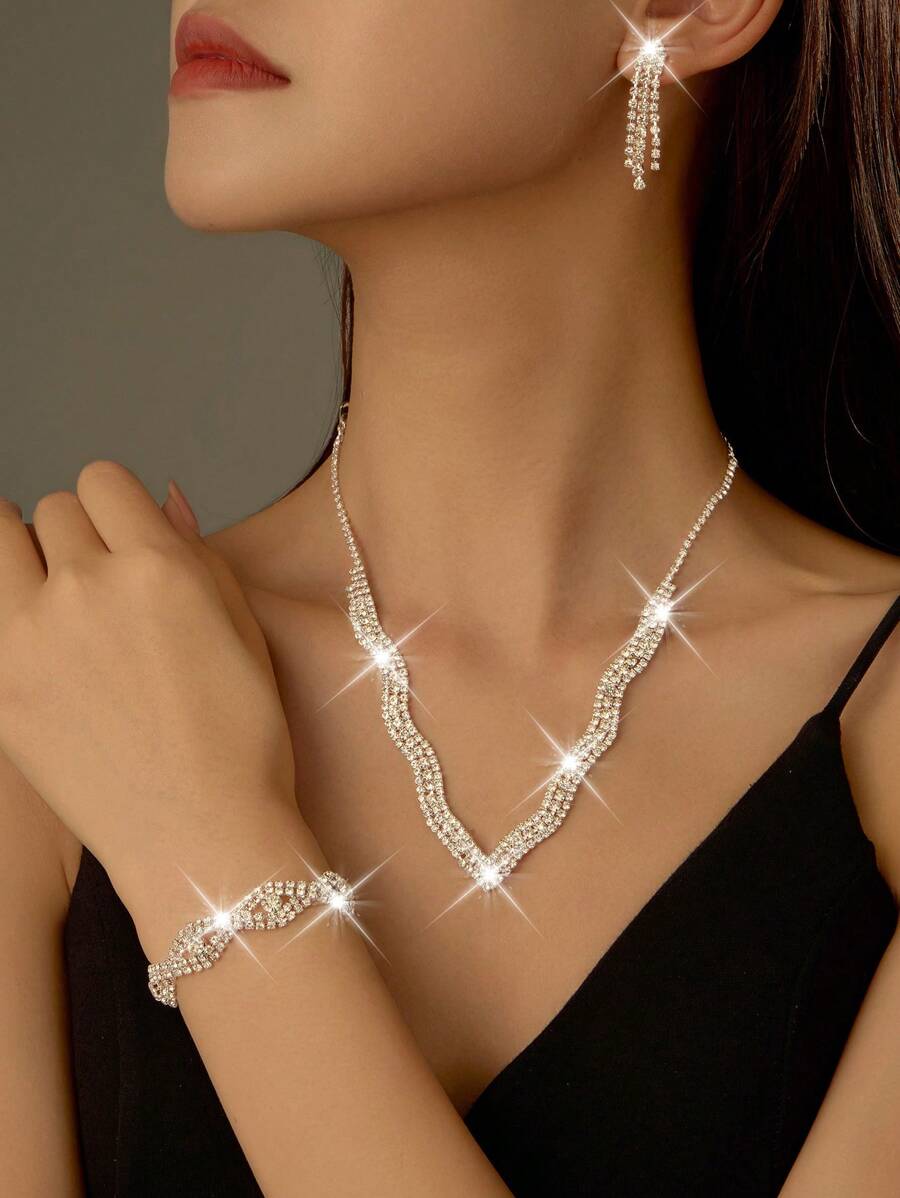1 pièce Ensemble de bijoux de mariée tout en diamant à la mode, comprenant colliers, boucles d'oreilles et bracelets, convient pour le port quotidien des femmes, les mariages, les fêtes, etc.