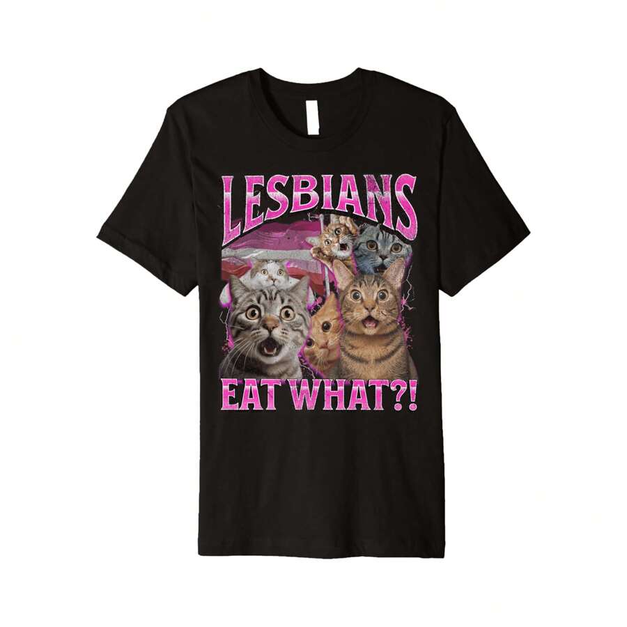 Funny Lesbians Eat What Cat Kitten LGBT Humor T-Shirt Cat Lovers Gay Women's T-Shirt,100% Cotton, Crew Neck For Casual Wear - Summer Street Style T-Shirt, Black T-Shirt For Men, Women,Teens And Adults, Birthday Christmas Valentines Valentine's Gift For Him Her, Summer Loose Outdoor T-Shirt Sizes S To 3XL