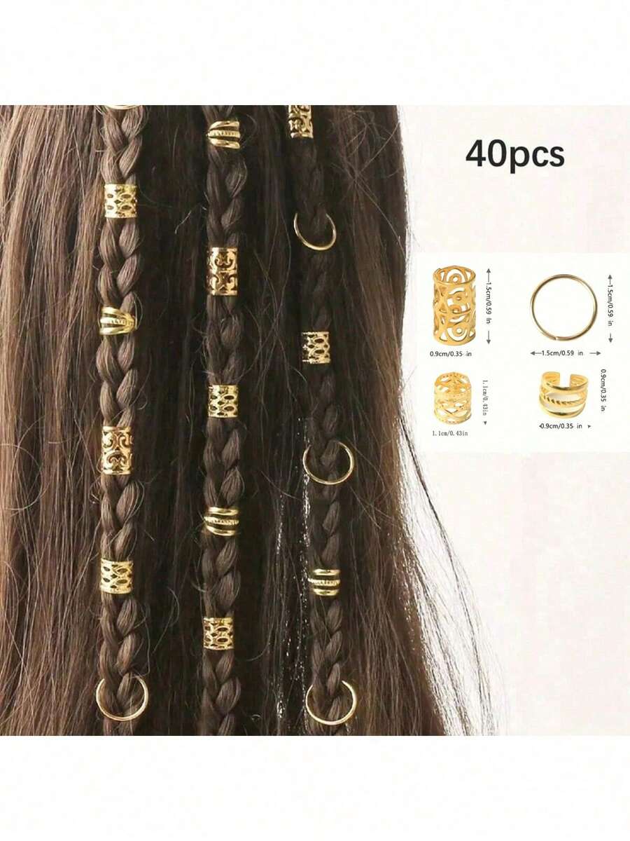 40pcs Gold Color Ring Set Hair Hoops, Perfect For Braids, Vintage Hair Clips