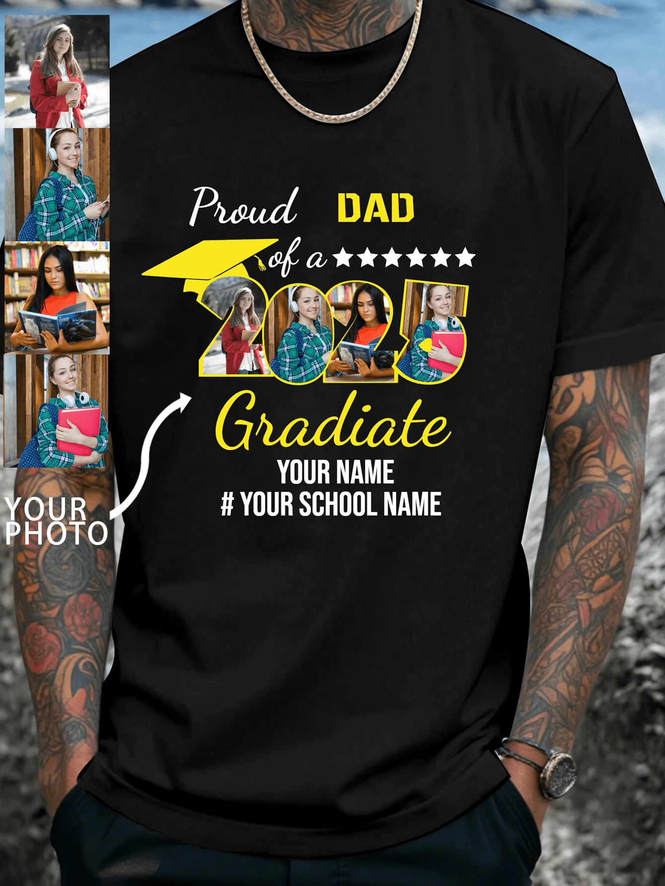 Camiseta casual holgada de cuello redondo personalizada y personalizada para hombres: agrega 4 imágenes personalizadas, camisetas del orgullo familiar, camisetas de graduación del grupo 2025, camisetas del escuadrón de graduación, camiseta de estudiante de último año 2025, camiseta de graduado 2025, regalo de graduación, camiseta de graduado de escuela secundaria, elegante, moda, hipster, casual, mínimo chic, personalizado, único, disfraces de chico, guardarropa cápsula, estilo básico/urbano para hombres, regalos ideales para él, novio, familia, amigos, para cumpleaños, para vacaciones/feriados, para escuela/competencia, para deportes/escalada