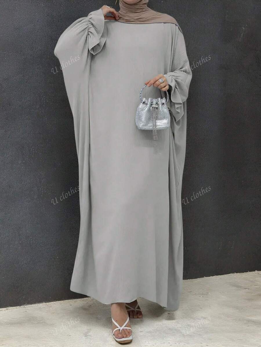 Abito lungo ampio con maniche a volant, scollo rotondo, con texture intrecciata, in stile casual