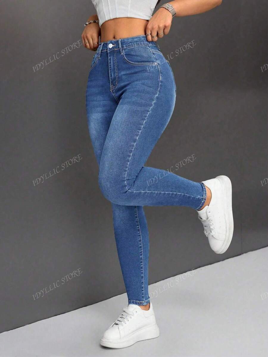 Jeans Mujer De Mezclilla Jeans ajustados de cintura alta para mujer, mezclilla elástica, estilo casual, azul clásico, pantalón largo, ropa de uso diario a la moda Vaqueros Ajustados De Cintura Alta Lavados