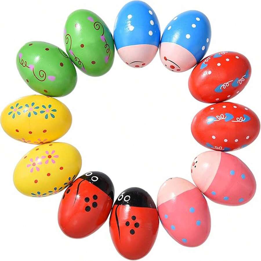 6/12 Pcs Random Color Wooden Easter Eggs ForEaster Basket Stuffers, Wooden Percussion Musical Egg Shakers Maracas ,Musical Percussion Instruments For Valentines Easter