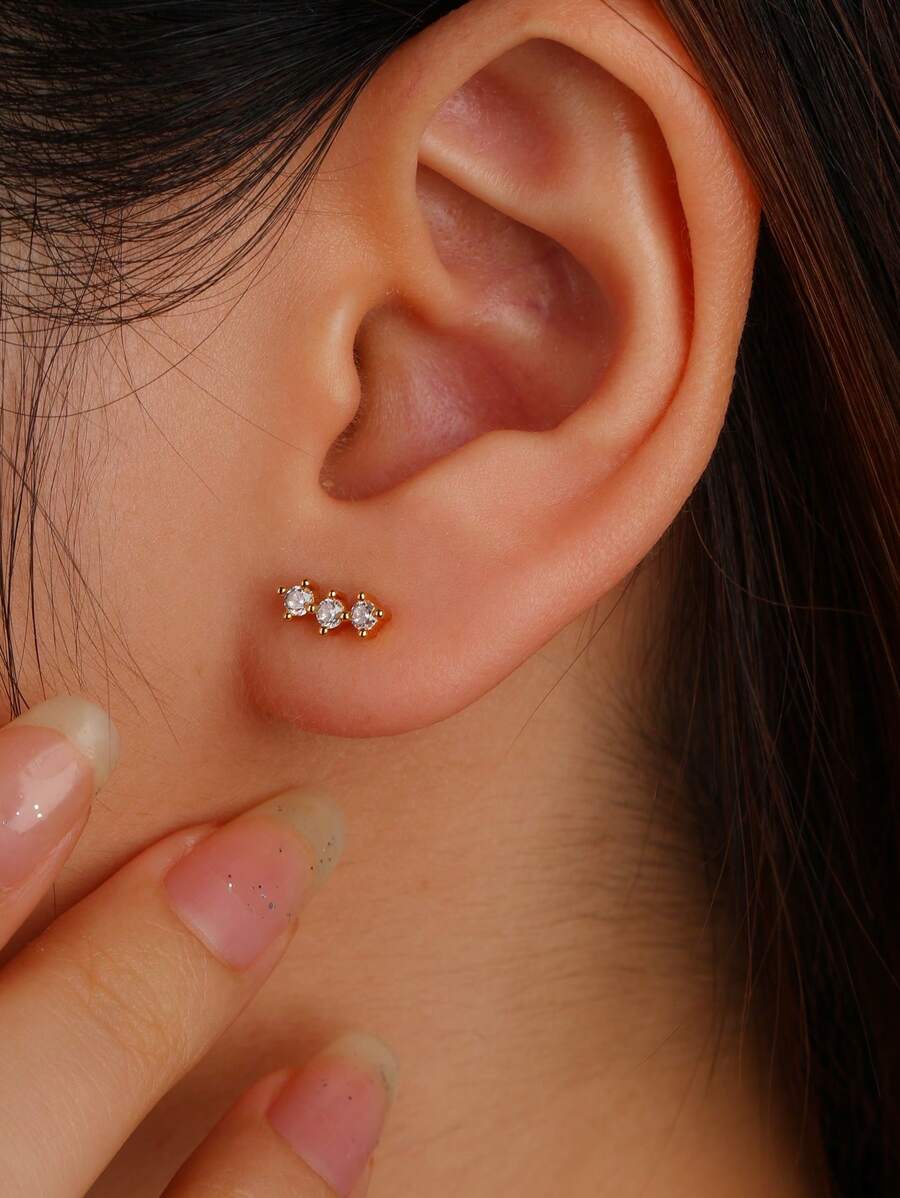 1 Pair Unisex Minimalist Single Row Zirconia Stud Earrings, Basic Style For Daily Accessory, Suitable For Spring & Summer
