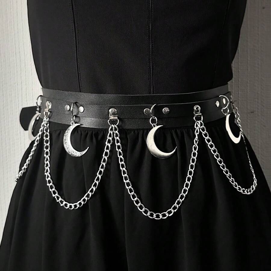 European And American Cross-Border Fashion Hip Hop Leather Gothic Moon Pendant Waist Chain Body Chain