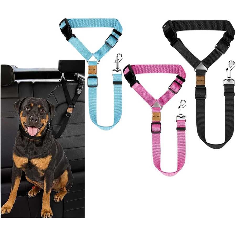 1/3 Stücke Hundesicherheitsgurt für Auto, verstellbarer Nylonstoff Kopfstützenhalterung, Hundesicherheitsgeschirr für Fahrzeug, Schwarz/Rosa/Blau