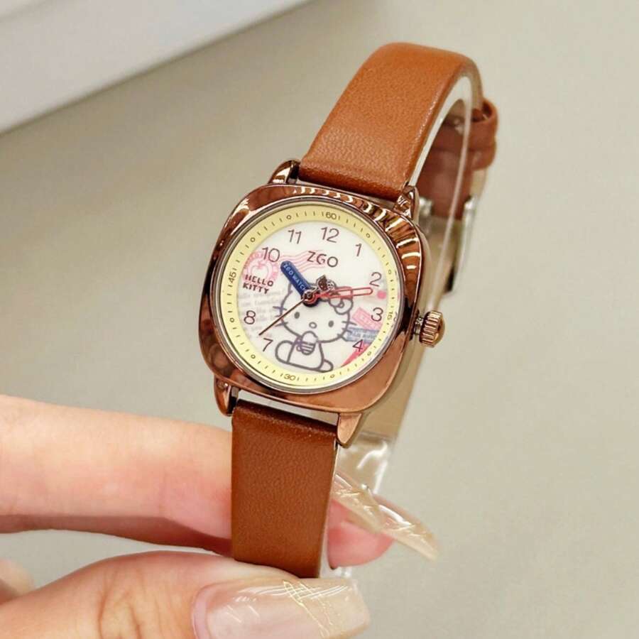 Sanrio Reloj casual de cuarzo de esfera redonda con puntero para mujer, estilo retro romano y diseño lindo de Hello Kitty, Kuromi, Cinnamoroll y Melod de Sanrio, con correa de piel de poliuretano, regalo de Navidad, cumpleaños para mamá, mujeres y niñas