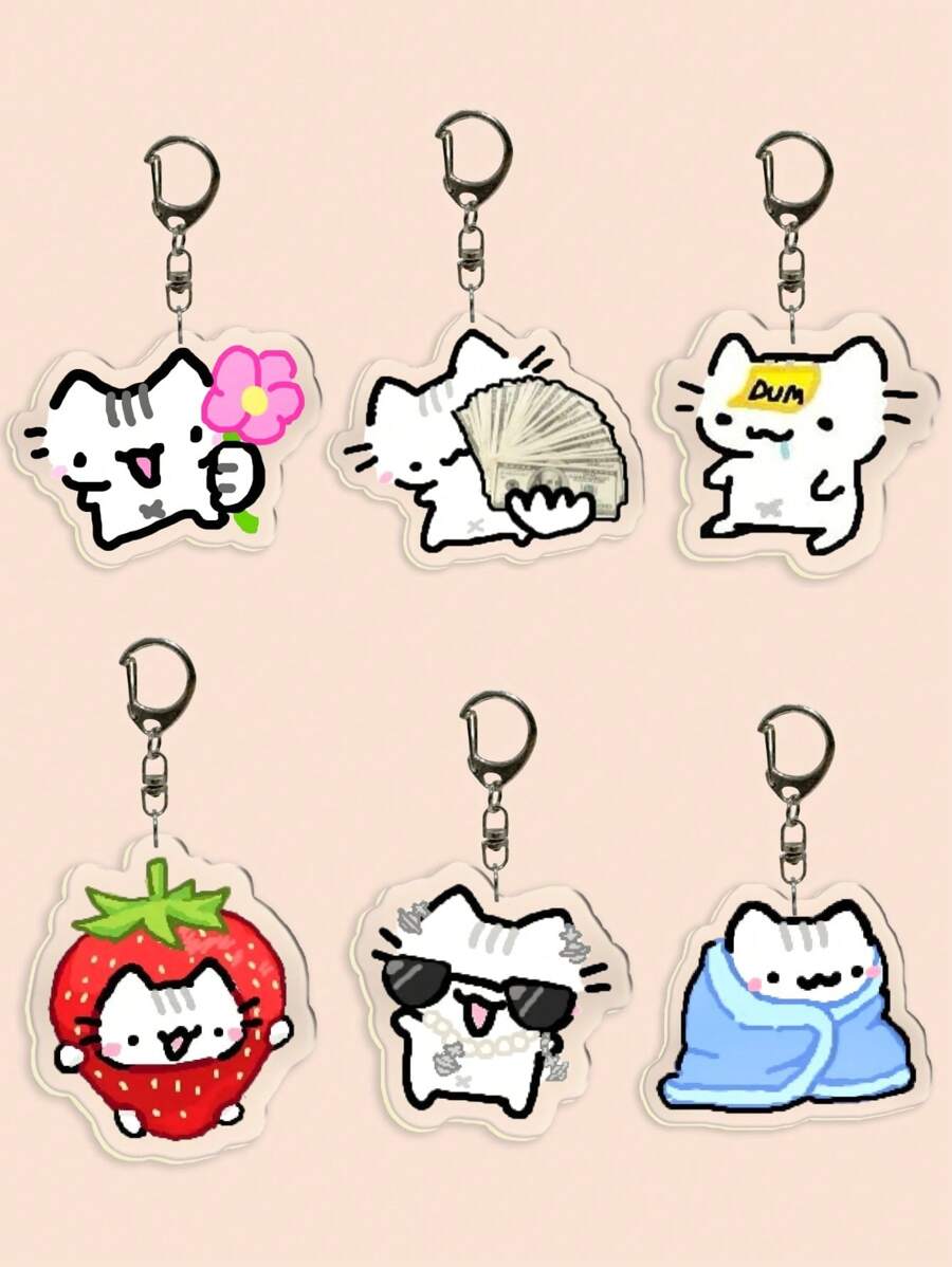 1 pièce Porte-clés mignon en acrylique avec chat de dessin animé, chat rose girly, chaton naïf, chaton à fleurs, chaton fraise, chaton lunettes de soleil, chaton câlinant la courtepointe, chaton comptant de l'argent, porte-clés thème animal, charme de sac cadeau pour amis et couples, accessoires de voiture, sac à dos pour l'école