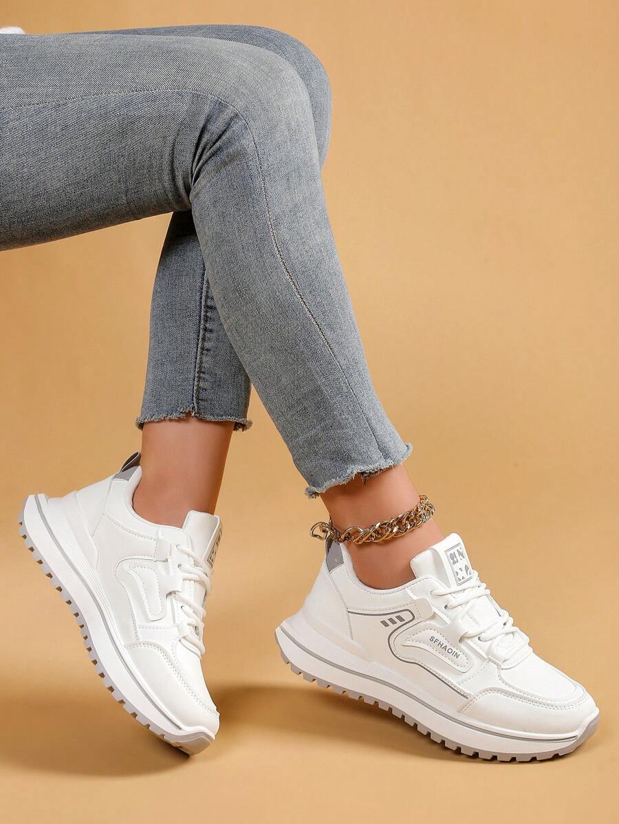 Women's Casual Sports Sneakers, New Arrivals Spring/Autumn, White Leather Upper Lace-Up Flat Shoes, Non-Slip Running Shoes, Student Travel Shoes