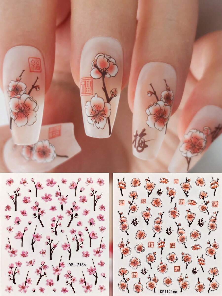 2 vellen lentebloesem nagelkunststickers, roze kersenbloesembloemen doe-het-zelf nagelstickers voor lente en zomer, zelfklevende nagelbenodigdheden voor vrouwen en meisjes