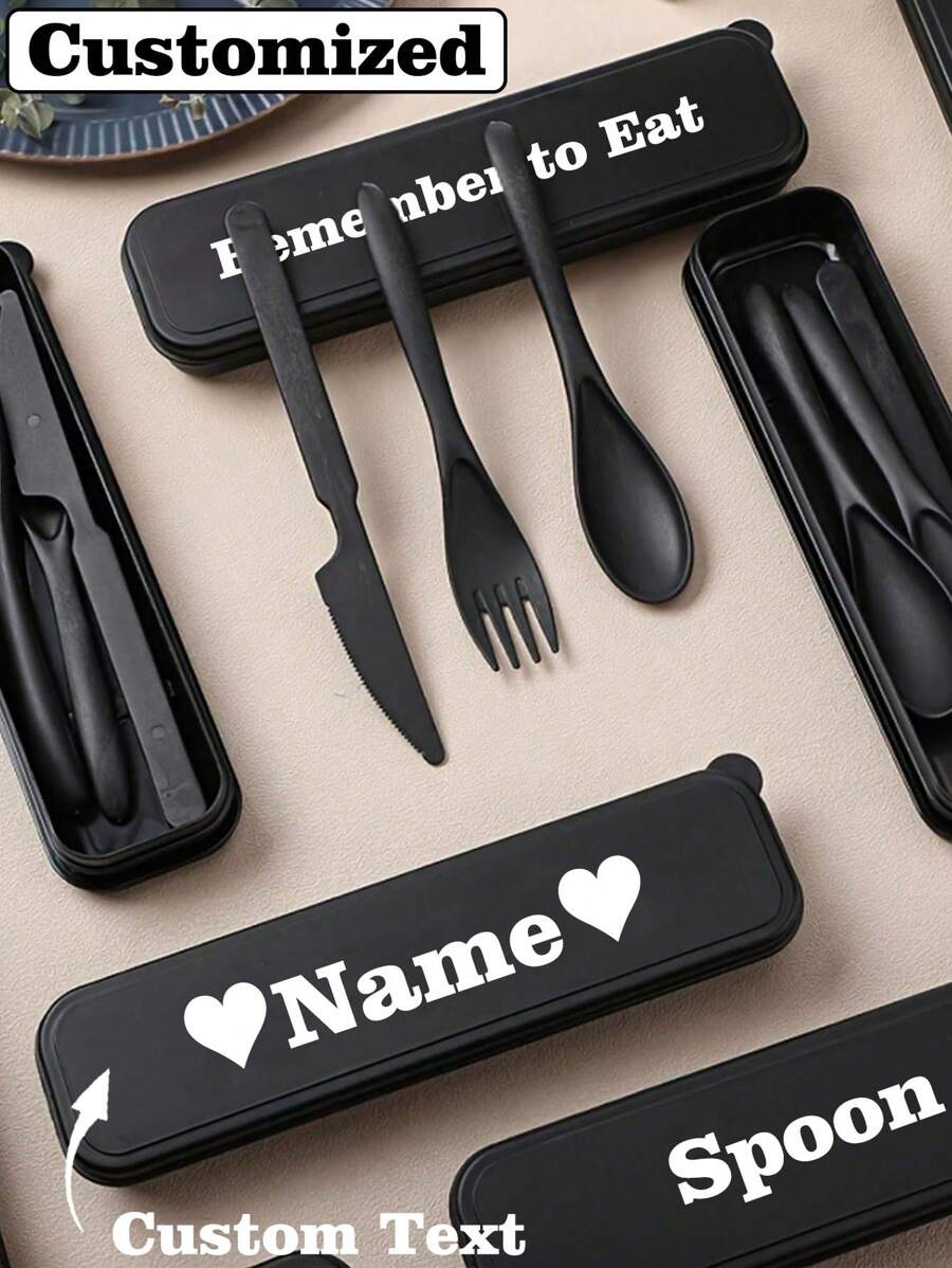 Personalisiertes 3er-Set tragbares Reisebesteck mit Etui, wiederverwendbares Essbesteck inklusive Besteck, Kaffee Löffel, Salat Gabel, Steakmesser und Aufbewahrungsbox
