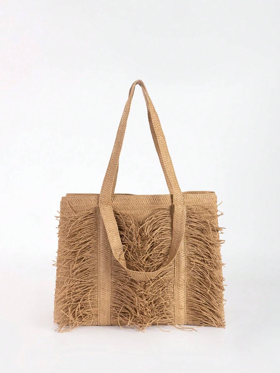 Bolso de playa grande con flecos tejidos a mano, bolso de compras de hombro para damas para viajes