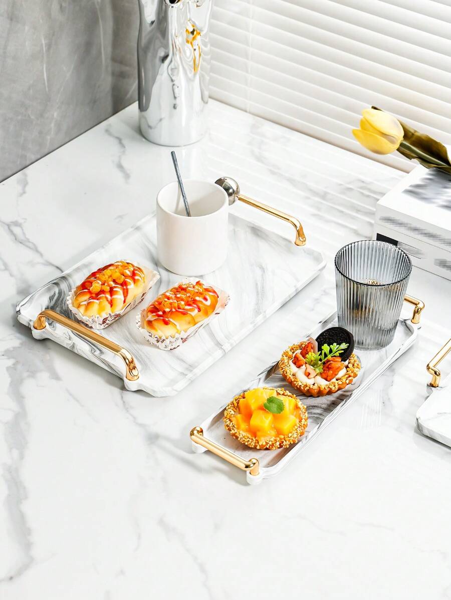 1 White Plastic Tray With A Marble Design - Perfect For Tea, Desserts And Cooked Food In The Kitchen, Dining Room Or Living Room - Perfect For Weddings, Birthdays And Gifts, Decorative Trays, Innovative Cutlery, Kettles, Breads, Parties, Gifts